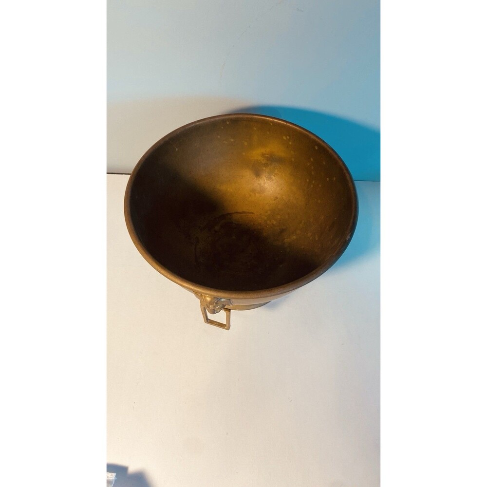 Vintage Brass Jardiniere Planter W/ Lions Head Pulls Pedstal Base - Picture 4 of 13